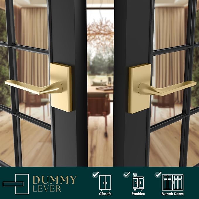 Mega Handles Apex Dummy Door Handles - 2 Pack Heavy Duty Gold Door Handle, Non-Turning Door Handle for Hallway, Closet & French Doors, Single Side, Fits All Standard Doors - Satin Brass