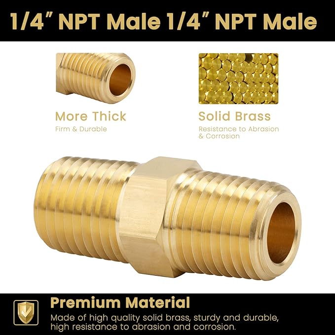 KOOTANS 1/4 NPT x 1/4 NPT Male Solid Brass Hex Nipples, Heavy Brass Pipe Adapter Fittings Equal Nipples Connectors 4Pieces