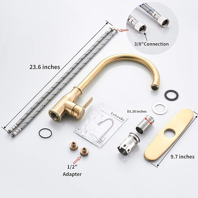 Brushed Gold Kitchen Faucet ，Modern High Arc Bar Sink Faucet ，Commercial Stainless Steel Kitchen Sink Faucet One Hole with Deck (Brushed Gold)