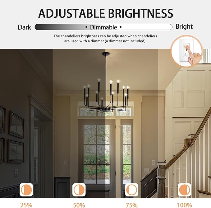 Qamra Modern Farmhouse Black Chandelier for Dining Room, 12-Light Candle Chandelier Light Fixture, Rustic Industrial Hanging Chandeliers Lighting for Living Room, Kitchen, Staircase, Entryway, Foyer