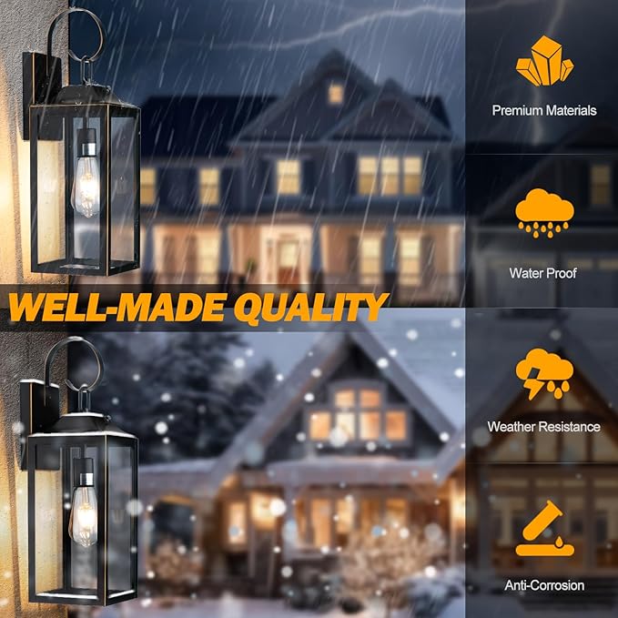 19" Dusk to Dawn Outdoor Lighting 2 Pack, Large Outdoor Wall Lights Dusk to Dawn, Black Sensor Porch Lights Exterior Lighting Fixtures Wall Mount for House Garage -with Gold Trim