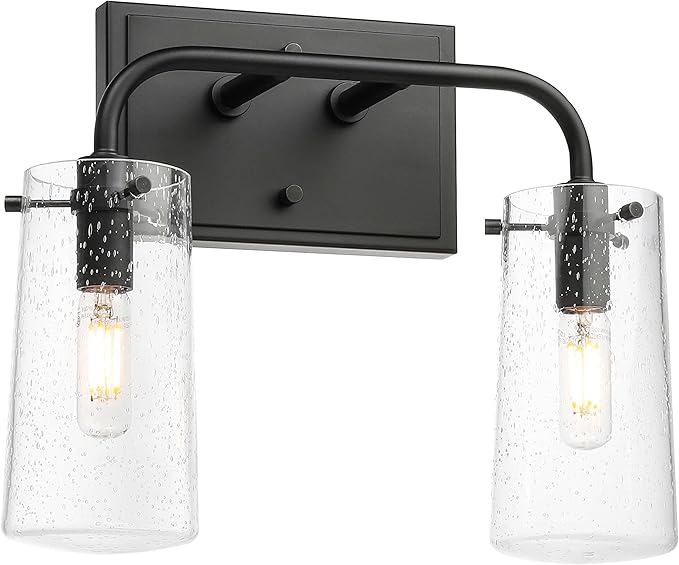 XiNBEi Lighting Bathroom Light Fixtures, Modern 2 Light Vanity Lights with Seeded Glass Matte Black Bath Wall Mount Fixture Over Mirror XB-W1283-2-MB