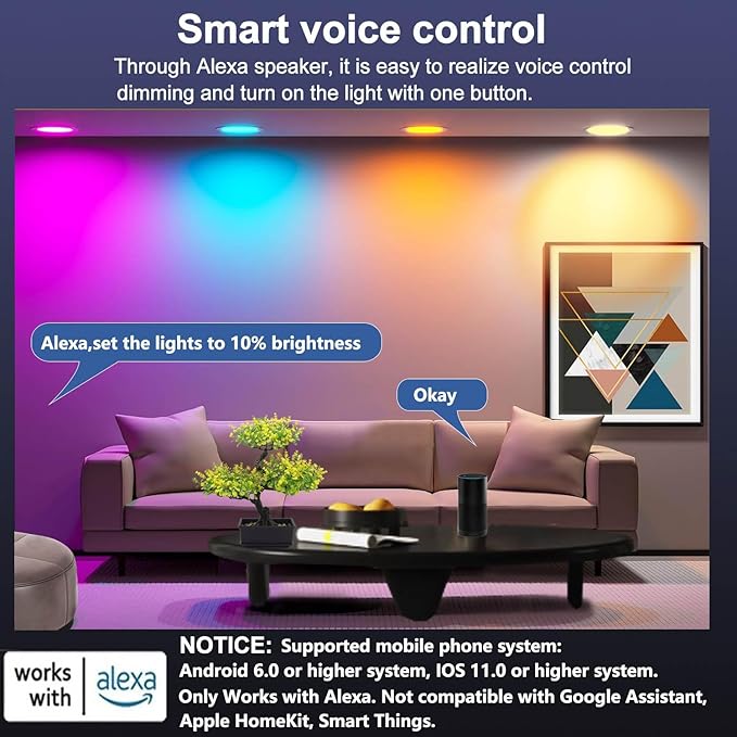 Recessed Lighting 6 inch, 4Pack RGBCW Recessed Ceiling Lights with Junction Box, 16W 1350lm LED Recessed Lights 2700 to 6000K Canless LED Downlight Dimmable by Alexa and APP