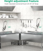 Commercial Sink Faucet with Pre-Rinse Sprayer -Height Adjustable (25-32 inch) Wall Mount Industrial Kitchen Faucet 8 inch Center with Pre-Rinse Sprayer and 12 Inch Swivel Spout