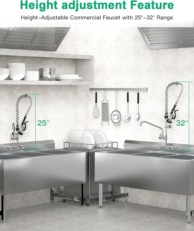 Commercial Sink Faucet with Pre-Rinse Sprayer -Height Adjustable (25-32 inch) Wall Mount Industrial Kitchen Faucet 8 inch Center with Pre-Rinse Sprayer and 12 Inch Swivel Spout