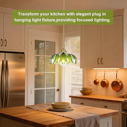 Plug in Pendant Light Fixture, Kylanle Green Glass Hanging Lamp with 14.7FT Cord On/Off Switch, Gold E26 Swag Light, Long Lasting Hanging Lamp Shade for Kitchen Island, Bedroom, Dining, Living Room