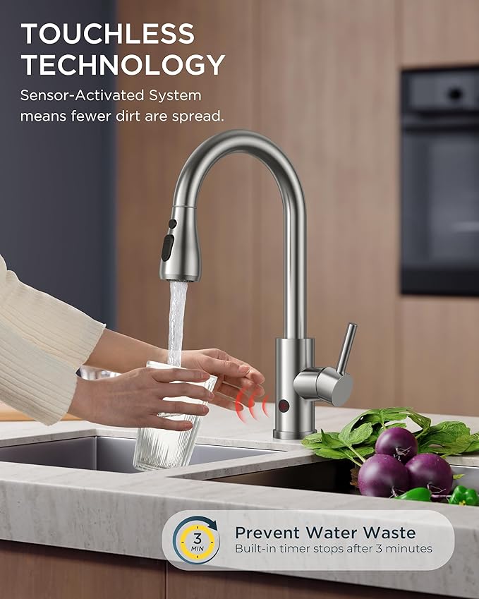 FORIOUS Touchless Kitchen Faucet with Pull Down Sprayer, Brushed Nickel Hands-Free Smart Motion Sensor Sink Faucet Single Handle Contemporary, Suitable for Farmhouse Laundry Camper RV Bar