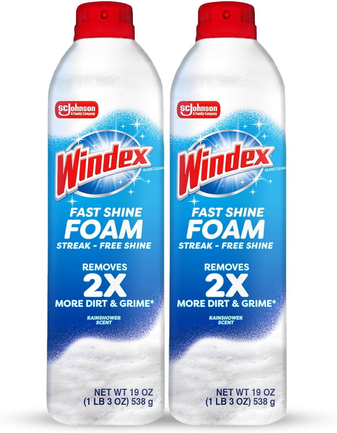 Windex Fast Shine Foam Glass Cleaner, No-Drip Aerosol Cleaning Spray, 19 oz, Pack of 2