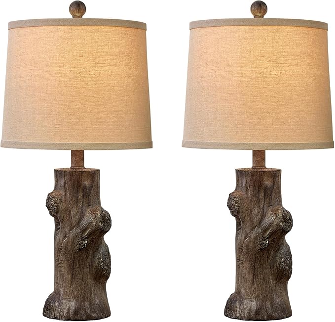 OYEARS 23"Resin Table Lamps for Living Room Set of 2 Country Cottage Farmhouse Lamp for Bedroom Tree Trunk Wood Grain with Oatmeal Fabric Round Shade Vintage Rustic Traditional Nightstand Bedside Lamp