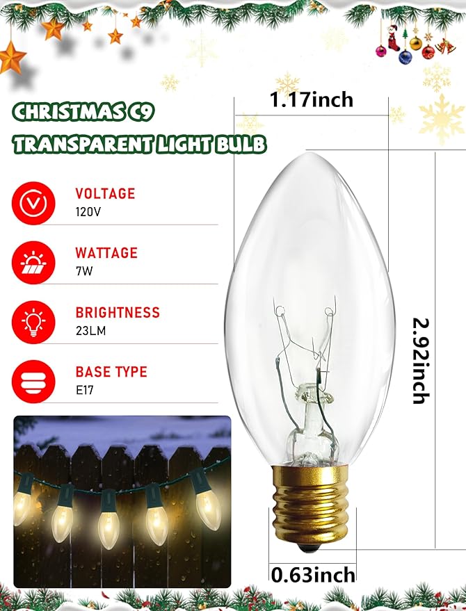 50 Pack C9 Christmas Replacement Bulbs, 7W Clear Incandescent Bulbs for Outdoor String Lights, Clear Night Light Bulbs for Porch, Patio, Garden, Wedding Decor, Warm White, E17 Intermediate Base