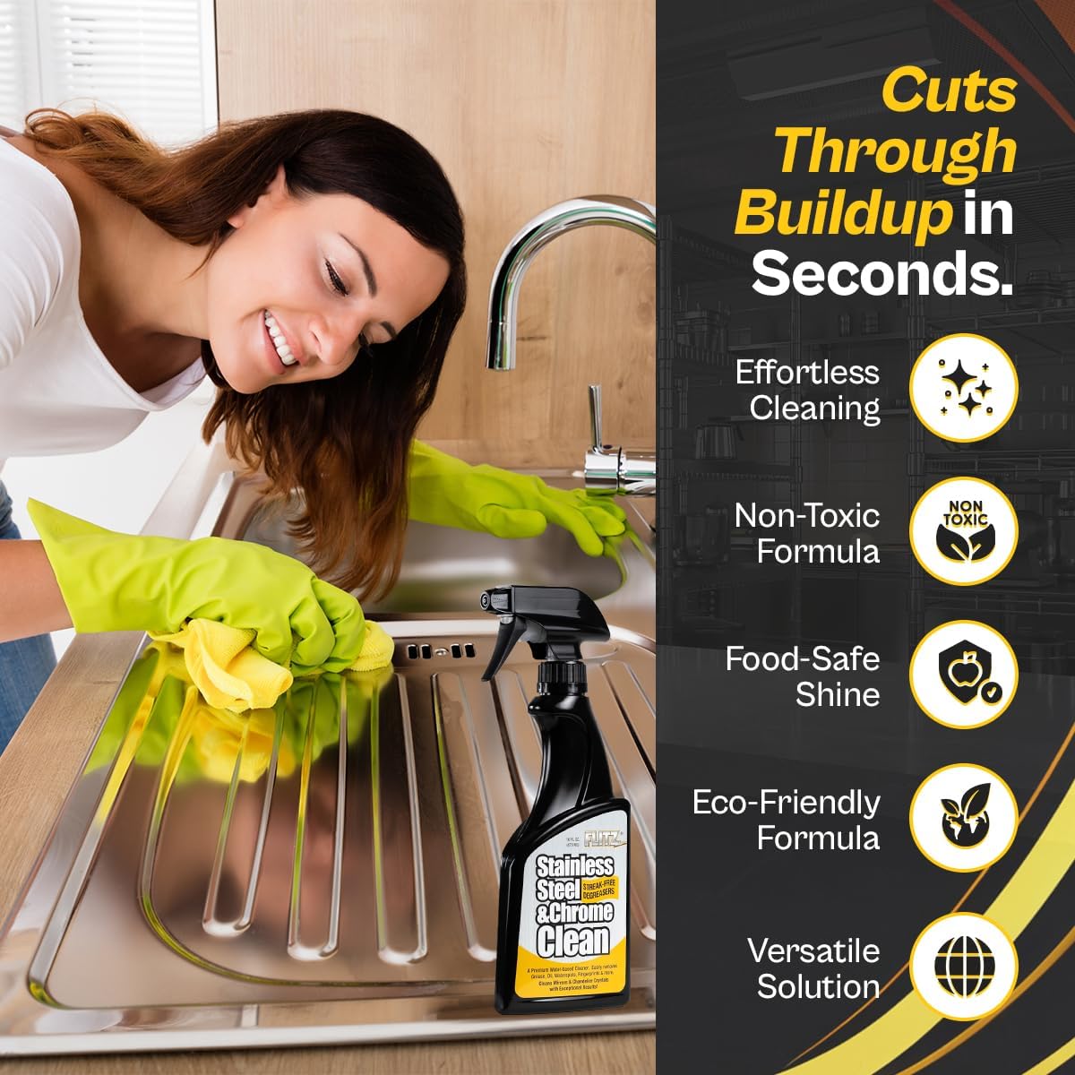 Flitz Stainless Steel & Chrome Clean - 16oz Bottle, USA-Made Stainless Steel Cleaner Spray for Appliances - Grill, Fridge, Sink Stain Remover - Also Works on Aluminum Surfaces (12 Pack)