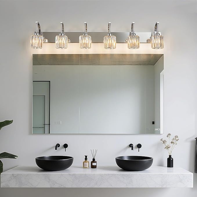 6-Light Crystal Vanity Light, Chrome Modern Wall Sconce with K9 Crystal Shades, 51.18" Long Over Mirror Lighting for Bathroom, Makeup, Hallway, Elegant & Easy Install