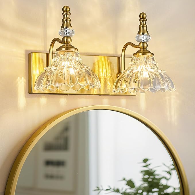 Vintage Bathroom Vanity Light, 2-Light Gold Vanity Lighting Fixture with Flower Glass Shade, Bathroom Lighting Fixtures Over Mirror