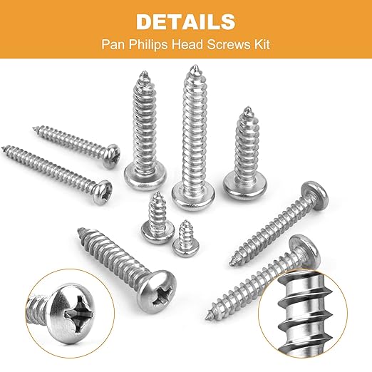 VIGRUE 460pcs Pan Head Philips Wood Screws, 4,#6,#8,#10,#12, 304 Stainless Steel Self Tapping Screw Assortment kit