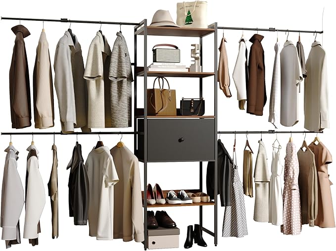 Adjustable Clothes Hanger, 108 Inches Closet System, Walk In Closet Organizer with 4 Shelving Towers, Heavy Duty Clothes Rack with Drawer, Industrial Built-In Garment Rack, Entryway Shelf