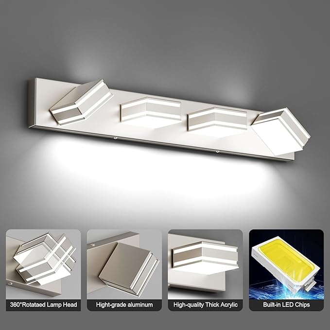 Ralbay 30inch Brushed Nickel Vanity Light for Bathroom 4-Light Metal Acrylic Modern LED Bathroom Light Fixtures