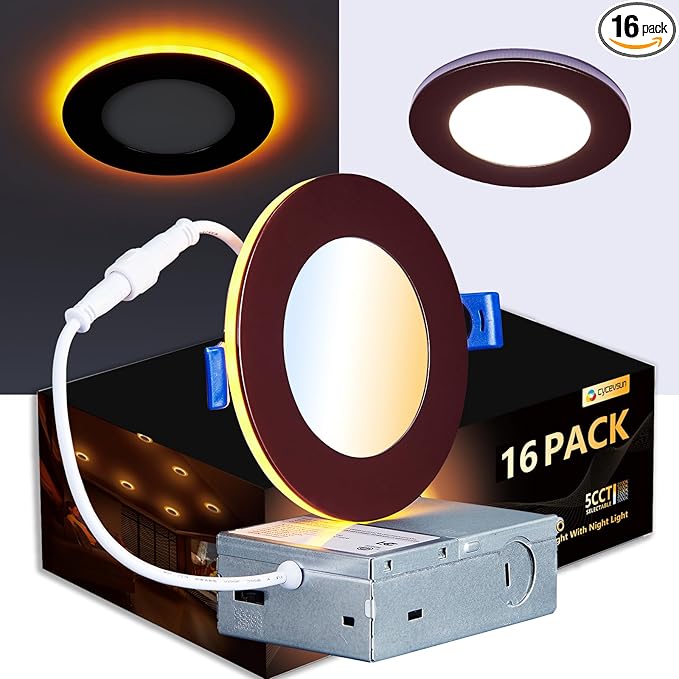 CycevSun 16 Pack Bronze Recessed Lighting 4 Inch with Night Light, Canless Ultra Thin Wafer Downlight Outdoor Exterior Soffit, Dimmable & 5 Color Temperature Selectable, 9W, ETL