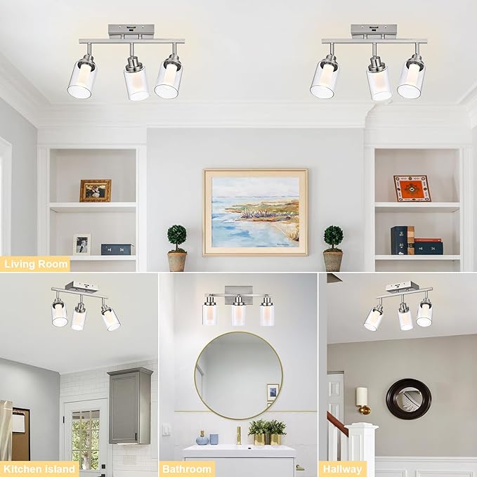 3-Light LED Dimmable Track Lighting Ceiling Fixtures, 5-Color Temperature Brushed Nickel Wall Lamp Spotlight with Integrated LED Chips & Clear Glass Shade & Frosted Column