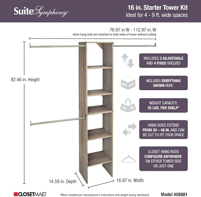 ClosetMaid SuiteSymphony Wood Closet Organizer Starter Kit with Tower and 3 Hang Rods Shelves, Adjustable, Fits Spaces 4 – 9 ft. Wide, Natural Gray, 16"