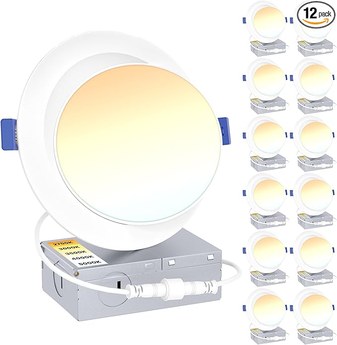 Ensenior 12 Pack 6 inch Gimbal Led Recessed Lighting, 90° Rotatable and 5CCT Selectable, Dimmable Eyeball Recessed Lights, Canless Angled Adjustable Ceiling Downlight, 1200LM, 12W=115W-FCC Certified