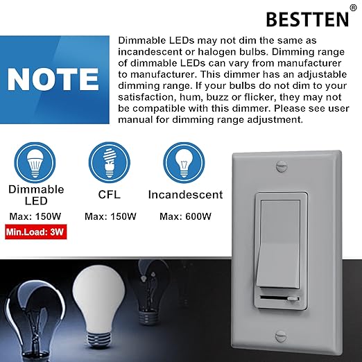 BESTTEN 10 Pack Dimmer Wall Light Switch, Compatible with Dimmable LED, CFL, Incandescent and Halogen Bulb, Single Pole or 3-Way Dimmer Switches, 120VAC, Decorator Wallplate Included, Gray