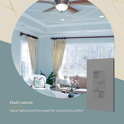 TOPGREENER Kalide Combo Dimmer Switch with 3-Speed Fan Control, Light and Fan Combination Switch, Single Pole, 2.5A, 200W LED/CFL, Neutral Wire Not Required, TGDSFS3-GY, Gray