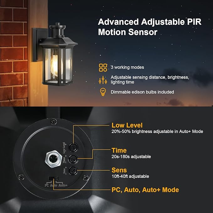 Motion Sensor Outdoor Wall Light, 3 Adjustable Lighting Modes Porch Lights, Dusk to Dawn Black Exterior Light Fixtures, Waterproof Outside Wall Lantern Sconce for House, Garage, Bulb Included