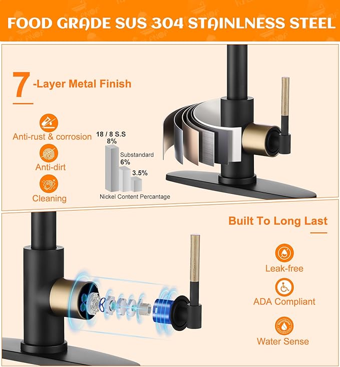 Black and Gold Kitchen Faucet- High Arc Single Handle Stainless Steel Sink Faucet with Pull Down Sprayer- 3 Spray Mode, 1.8 GPM High Flow fit for 1/3 Hole with 10" Deck Plate