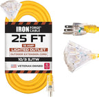 Iron Forge Cable 10 Gauge 25ft Lighted Outdoor Heavy Duty Extension Cord with 3 Outlets - 15 Amp 10/3 SJTW Yellow Extension Cord with Multiple Outlets