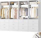 Closet System Set of 4, 8FT Closet Systems with 12 Wood Drawers, 96" Closet Organizer System with 4 Hanging Rods & 4 Shelves, Heavy Duty 96 Inch Walk-in Closet, White (96"L x 15" W x 80" H)