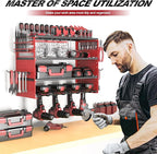Power Tool Organizer Wall Mount, 4 Layers Tool Storage Rack with 2 Side Red Pegboards, 4 Drill Bit Rack,Heavy Duty Metal Garage Tool Shelf Organize for Workshop Garage Tool Room