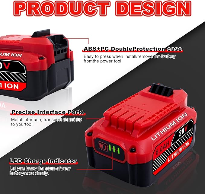 Upgrade 2-Pack 20V 8.0Ah Replacement for Craftsman 20V Battery V20 Lithium ion Batteries Compatible with CMCB205 CMCB204 CMCB206 CMCB202 CMCB201 20V Cordless Power Tools