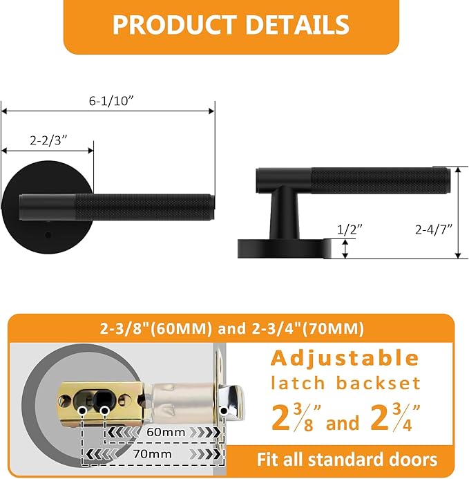 Amerdeco 3 Pack Matte Black Door Handles Interior, Knurled Privacy Door Handles with Lock,Heavy Duty Black Door Lever for Bedroom or Bathroom,Reversible Keyless for Left Right Handed Doors