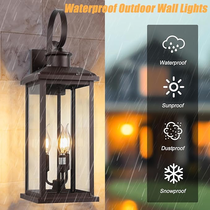 3-Light Large Outdoor Wall Light 2-Pack, 24" Bronze Modern Extra Exterior Lighting Fixture, Waterproof Porch Sconce Wall Mount, Outside Lamp for Front Door Farmhouse
