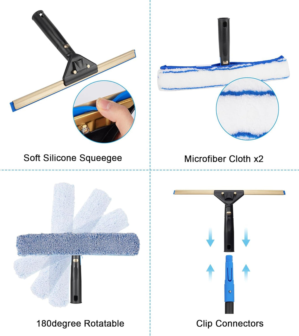 Window Cleaning Kit with Storage Bucket, Window Squeegee with 4.13ft Extension Pole, Scrubber, Spray Bottle,Duster Cloth, Squeegee with Rotating Head, Professional Window Cleaning Tools