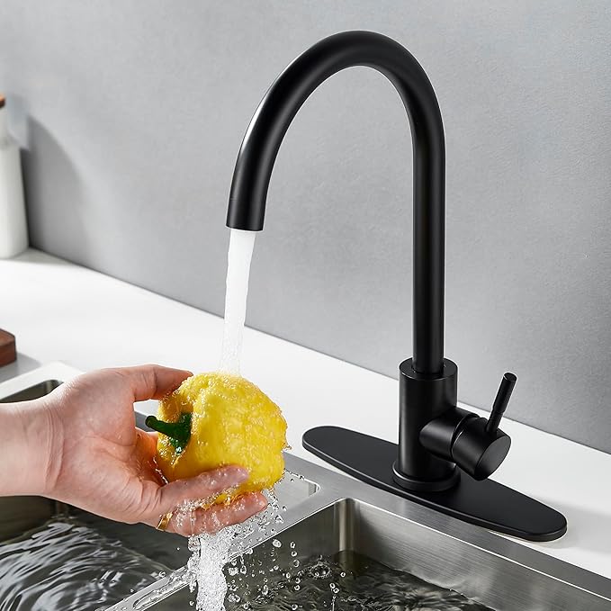 Single Handle High Arc Matte Black Kitchen Faucet Stainless Steel Commercial Single Hole Kitchen Sink Faucet, Modern One Hole Bar Sink Faucet with Deck Plate