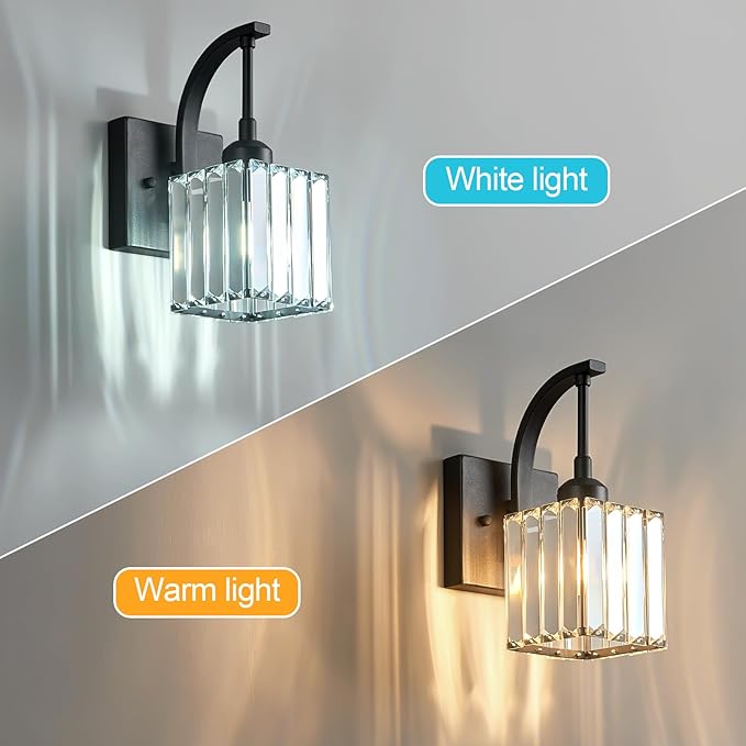 Wall Sconces, Set of 2 Black Crystal Vanity Lights, Modern Wall Lamp for Bathroom, Hallway, and Makeup, Easy Installation