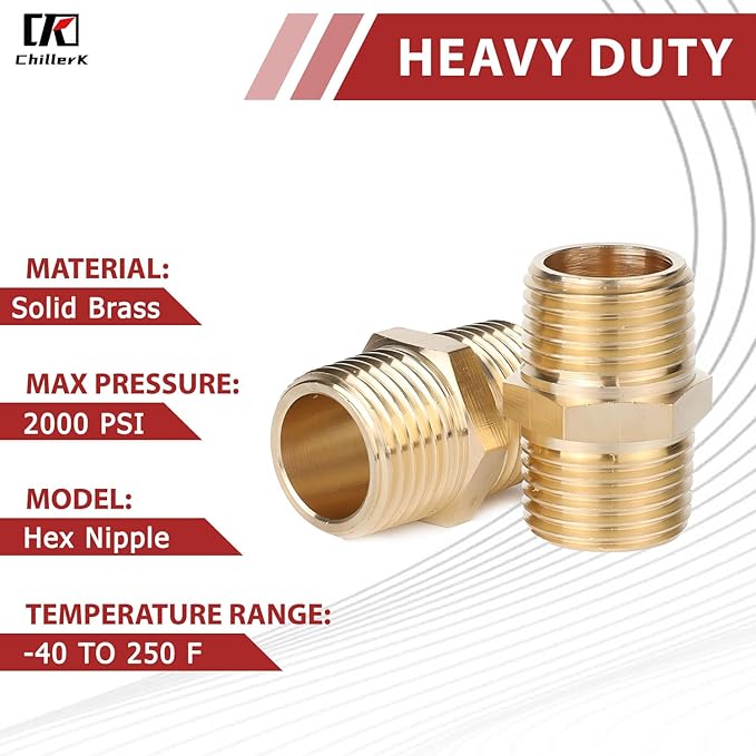 Hex Couplings, 1/4" NPT Male To Male Brass Hex Nipple Adapters, Brass Pipe Extension Fittings for Oil/Air/Water/Gas Systems. (4 Pack)