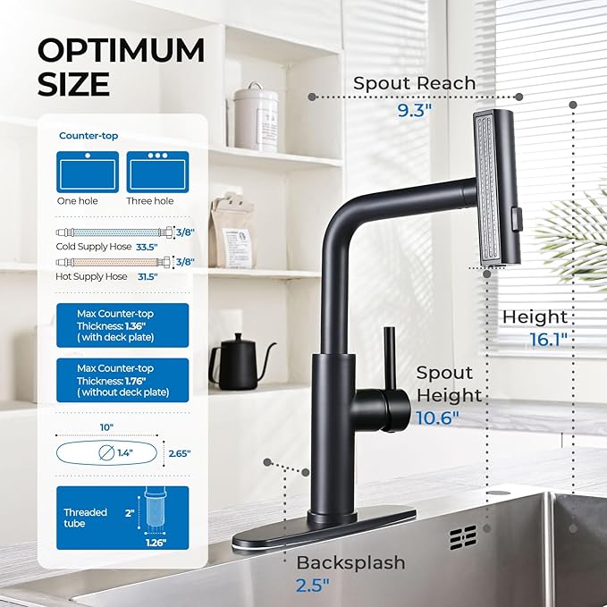 WEWE Waterfall Kitchen Faucet with Pull Down Sprayer, Black Kitchen Faucet with 3 Modes(Sweep/Stream/Waterfall) Swivel Switch Mode,Single Handle Kitchen Sink Faucet