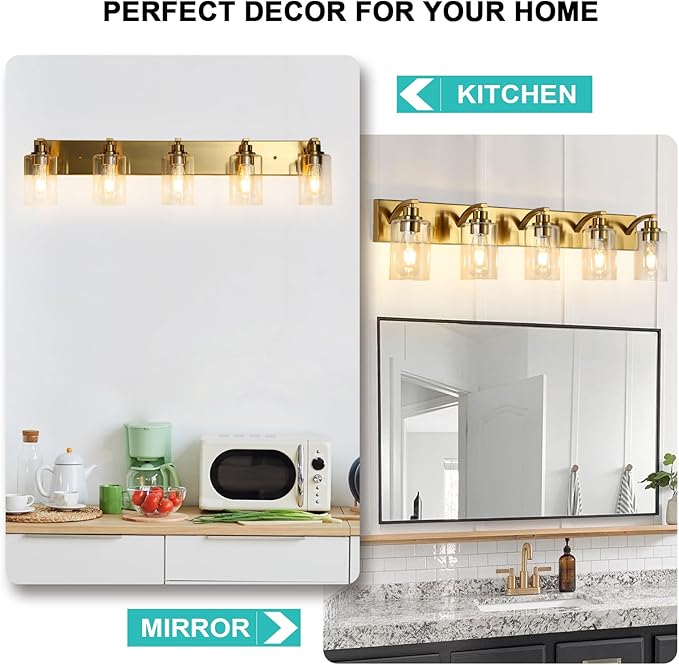 5-Light Bathroom Light Fixtures Modern Gold Vanity Lights for Bathroom Lighting Fixtures Over Mirror with Clear Glass Shade for Cabinet Mirror Bedroom Hallway