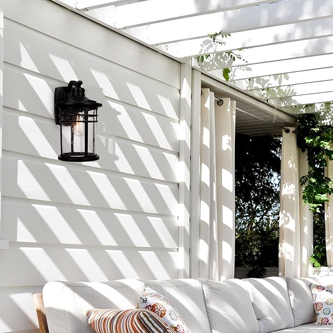 Darkaway Large Outdoor Porch Lights Wall Mount, 15inch Outdoor Light Fixtures Sconces Wall Lighting with Seeded Glass Exterior Lights for Patio Yard House Hallway Doorway Garage(Large, Black)