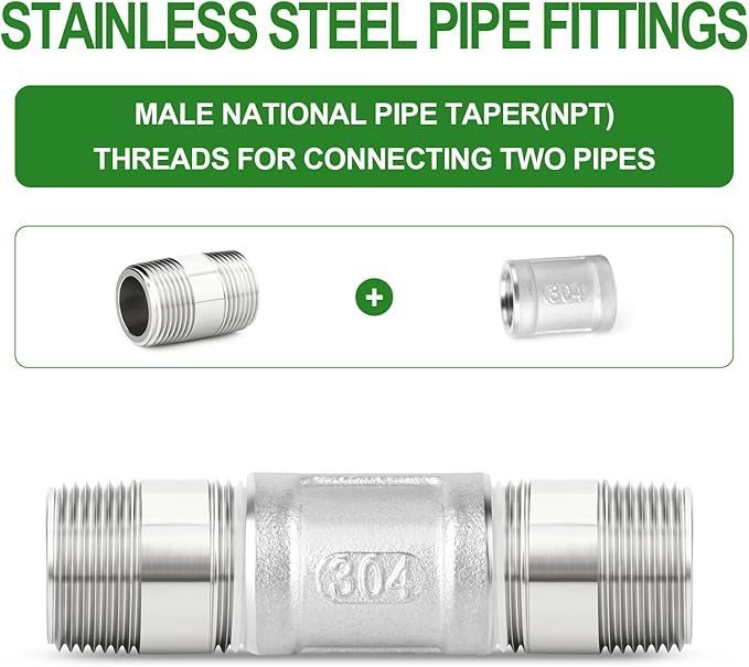 TAISHER 2PCS Stainless Steel Pipe Fittings, 3/4" NPT Male x 3/4" NPT Male Threaded, 2" Length Thickened Nipple Cast Pipe