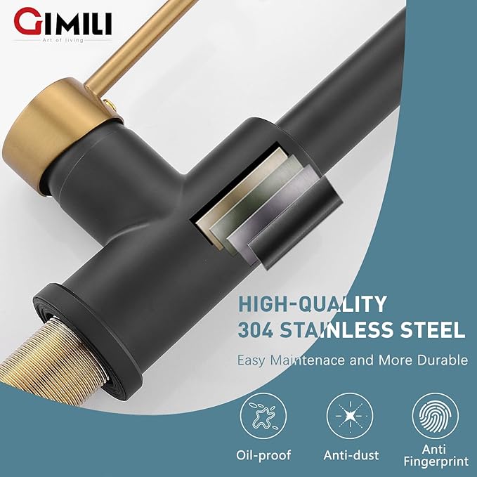 GIMILI Black and Gold Kitchen Faucet with Soap Dispenser Commercial Single Handle Spring Pull Out Kitchen Sink Faucets with Pull Down Sprayer