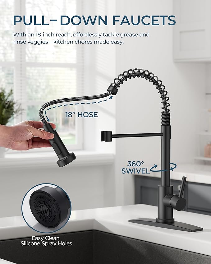 FORIOUS Black Kitchen Faucet with Pull Down Sprayer, Stainless Steel Single Handle Classic Spring Commercial Sink Faucet for Laundry & Utility Room RV Camper Bar Farmhouse