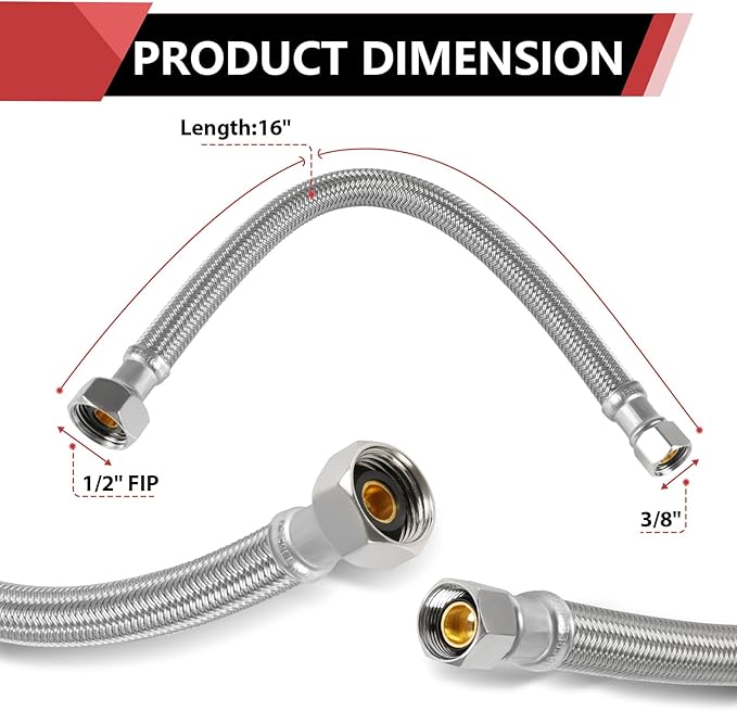 2-Pack EFIELD 16-inch Faucet Supply Lines, 1/2" FIP x 3/8" COMP Faucet Hose, Stainless Steel Braided Supply Line,(HOSE045)
