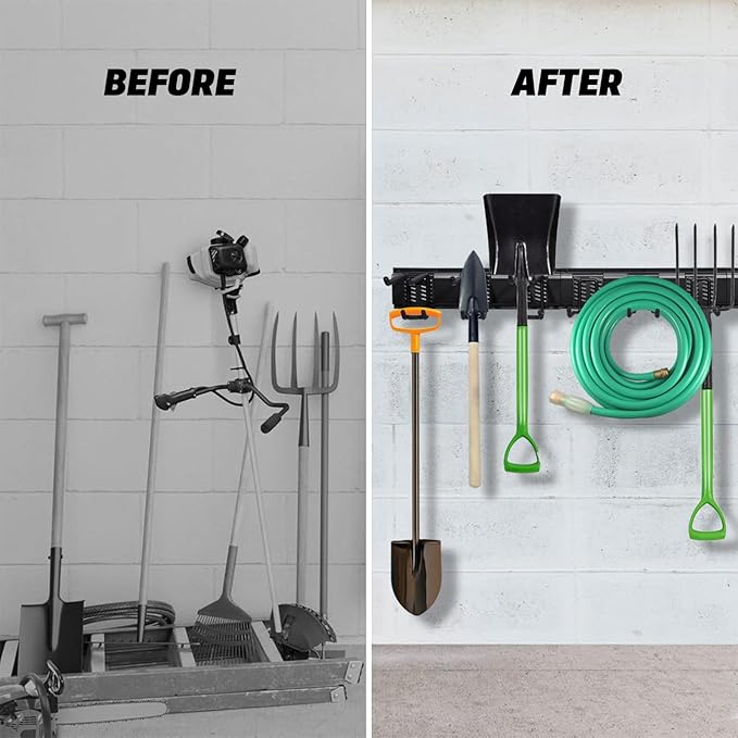 AIRTOON Garage Tool Organizer, 48 Inch Garage Organizer Wall Mounted Storage System with 9 Hooks, Max Load 500lbs Garage Storage for Garden Tools, Shovels, Trimmers, Hoses