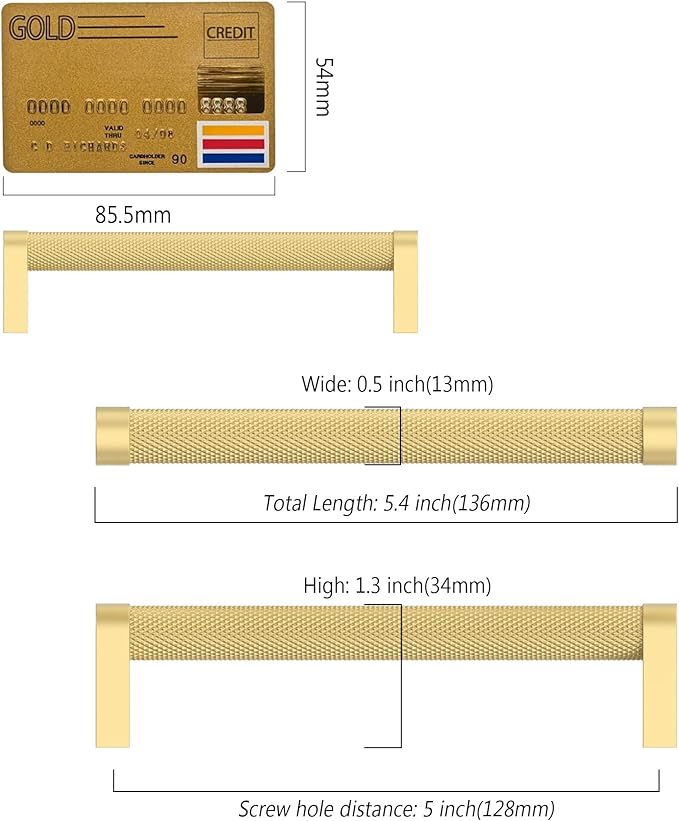 Amerdeco 10 Pack Brushed Gold Knurled Cabinet Pulls 5 Inch Hole Centers Kitchen Cabinet Handles Hardware Kitchen Handles for Cabinets Handles ZH0064