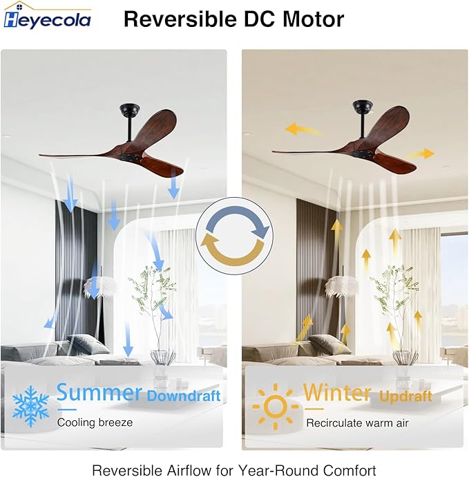 52" Walnut Wood Ceiling Fans,Outdoor Ceiling Fan without Light for Patios,3 Blade Small Propeller Fan Ceiling Mount for Outside Pergola,6 Speed Reversible Quiet DC Motor Fan for Bedroom