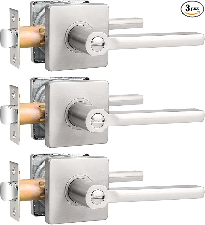 Probrico Privacy Door Handle Interior Heavy Duty Square Brushed Nickel Door Knobs for Bedroom Bathroom Reversible Keyless Door Lever Satin Nickel, 3 Pack