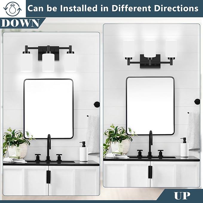 3-Light Bathroom Vanity Light Fixtures Over Mirror, Rustproof Vanity Lights for Bathroom, Modern Black Bathroom Lights Wall Mount with Milky White Glass Shades for Bedroom Living Room